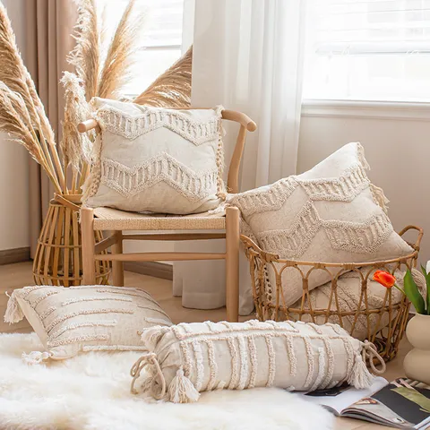 Bohemian Style Cotton Linen Blend Pillow Cover Living Room Sofa Decorative Cushion Cover With Tassels Geometric Tufted Pillowcase Home Decor