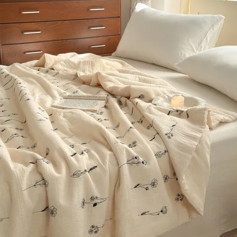 Cotton Linen Summer Quilt Floral Embroidered Breathable Thin Air Conditioning Blanket Soft Quilt For Bedding Home