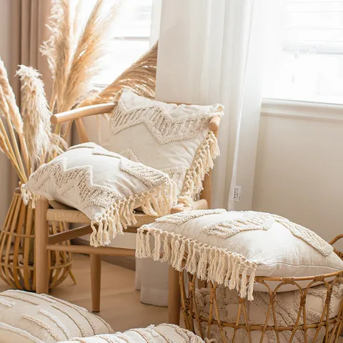 Bohemian Style Cotton Linen Blend Pillow Cover Living Room Sofa Decorative Cushion Cover With Tassels Geometric Tufted Pillowcase Home Decor
