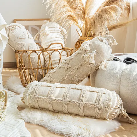 Fodera per Cuscino Cilindrico a Caramella in Cotone Lino Bohemien Ricamato Nappe Fodera per Cuscino Decorativo Geometrico Senza Anima