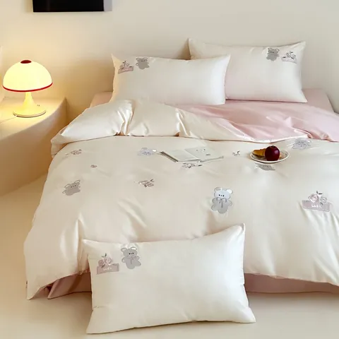 100s Cotton Cartoon Bear Flower Embroidery Bedding Set Student Dormitory Soft Quilt Cover Sheet