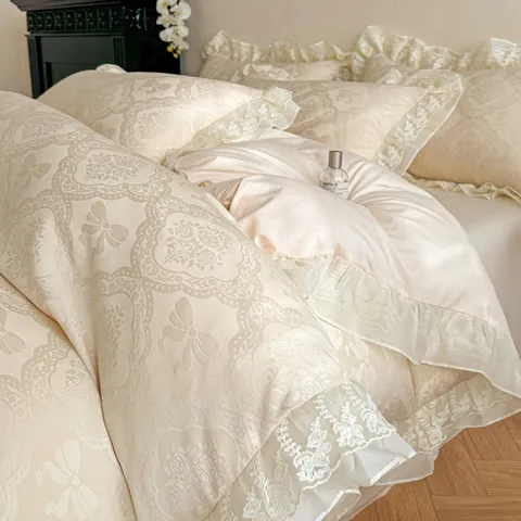 French Style Washed Cotton Jacquard Double Layer Chiffon Lace Trim Duvet Cover Bedding Set Luxury Home Bedroom Decor