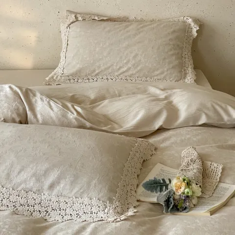 French Jacquard Cotton Linen Bedding Set Hollow Lace Edge Duvet Cover Bed Sheet Pillowcases Home Bedroom Bed Linens