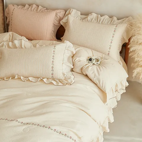 Cotton Linen Floral Embroidered Bedspread Quilt Set Ruffle Edge Bedding Cover For Bedroom Home