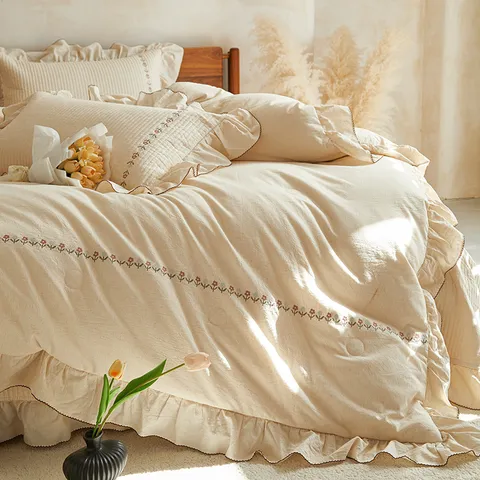 Cotton Linen Floral Embroidered Bedspread Quilt Set Ruffle Edge Bedding Cover For Bedroom Home