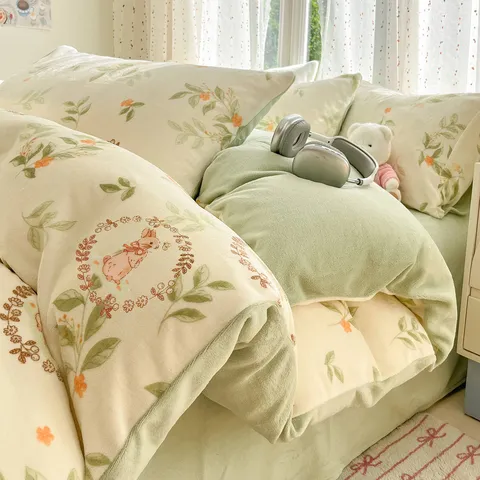 Thickened Milk Velvet Bedding Set Winter Warm Coral Fleece Duvet Cover Bedsheet Pillowcases Home Bedroom