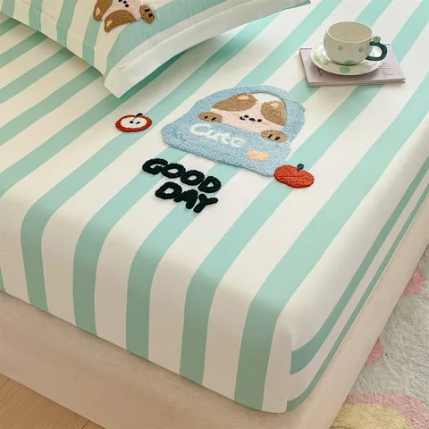 Reine Baumwolle Süß Cartoon Bestickt Spannbettlaken Atmungsaktiv Weich Bettlaken Matratzenbezug Für Schlafzimmer Zuhause