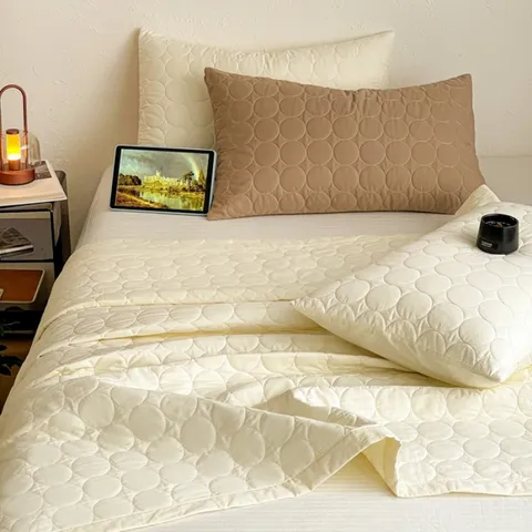 Juego de Cubierta de Cama Acolchada de Algodón Lavado Color Sólido Colcha Hinchada con Fundas de Almohada