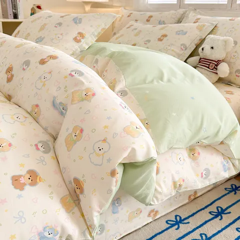 Ins Style Pure Cotton Duvet Cover Bed Sheet Cartoon Animal Floral Printed Bedding Set For Bedroom Home