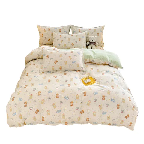 Ins Style Pure Cotton Duvet Cover Bed Sheet Cartoon Animal Floral Printed Bedding Set For Bedroom Home