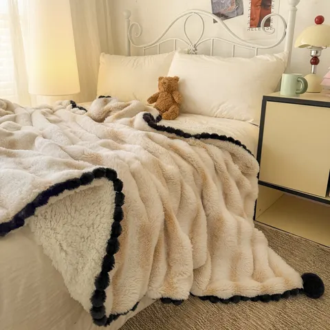 Soft Faux Rabbit Fur Throw Blanket with Pom Pom Ball Trim Wavy Pattern Luxury Warm Cozy Bed Blanket for Bedroom Living Room