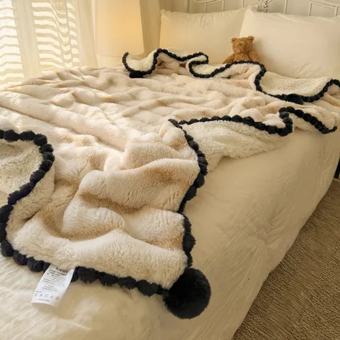 Soft Faux Rabbit Fur Throw Blanket with Pom Pom Ball Trim Wavy Pattern Luxury Warm Cozy Bed Blanket for Bedroom Living Room