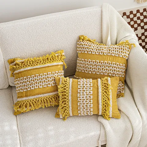 Funda de Cojín Amarilla Bohemio Tufted con Borlas Funda de Almohada Geométrica para Sofá Sala Dormitorio Decoración