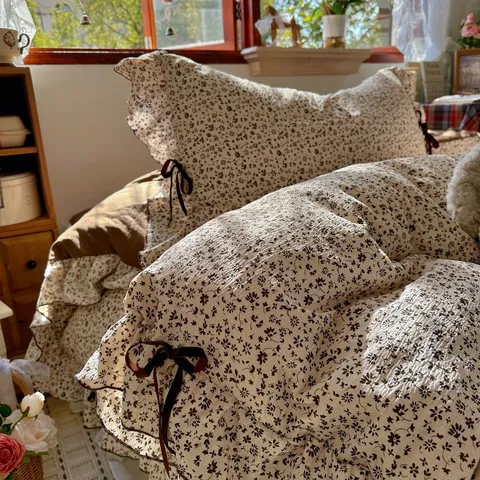 Vintage Floral Cotton Bedding Set Cute Bow Ruffle Duvet Cover Fitted Sheet Bed Skirt Dormitory Bed Linen Set
