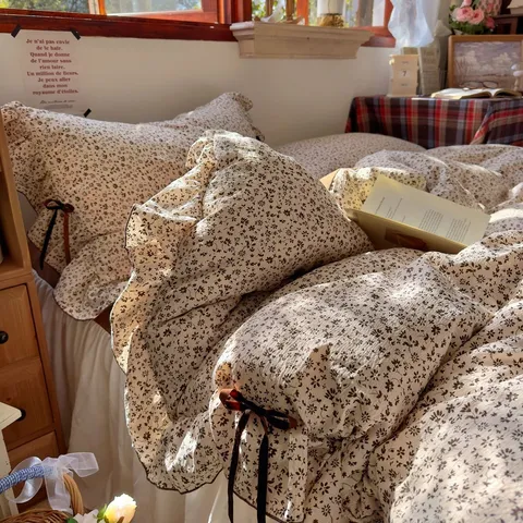 Vintage Floral Cotton Bedding Set Cute Bow Ruffle Duvet Cover Fitted Sheet Bed Skirt Dormitory Bed Linen Set