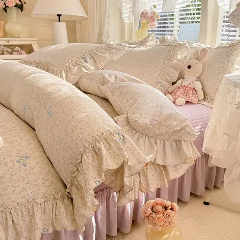 French Style Floral Washed Cotton Bedspread Duvet Cover Set Ruffle Edge Soft Breathable Bedding Home Bedroom Decor