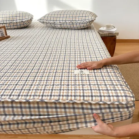 Modern Minimalistisch Karo Spanbettlaken 100% Baumwolle Garngefärbt Atmungsaktiv Weich Matratzenbezug Für Zuhause Schlafzimmer