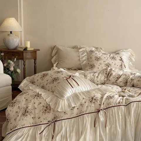 French Vintage Cotton Linen Blend Printed Four Piece Bedding Set Romantic Floral Duvet Cover with Bow Ruffle Home Decor
