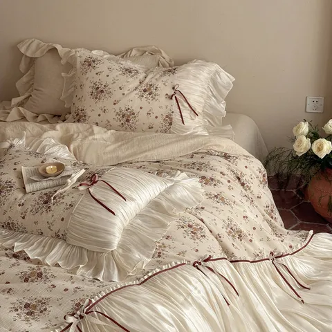 French Vintage Cotton Linen Blend Printed Four Piece Bedding Set Romantic Floral Duvet Cover with Bow Ruffle Home Decor