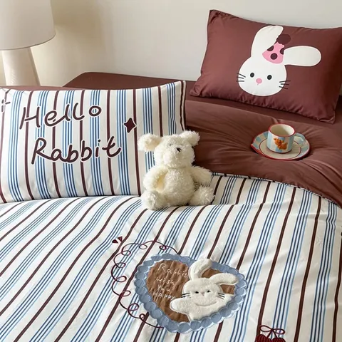 Reine Baumwolle Cartoon Bettwäsche-Set Reaktivdruck Stickerei Bettbezug Bettlaken Kissenbezüge Kinder Schlafzimmer Textil