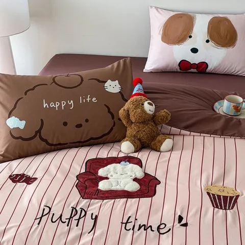 Reine Baumwolle Cartoon Bettwäsche-Set Reaktivdruck Stickerei Bettbezug Bettlaken Kissenbezüge Kinder Schlafzimmer Textil