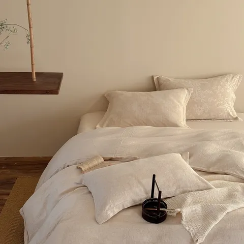 Wabi Sabi Color-Woven Jacquard Cotton Linen Bedding Set 4-Piece Premium Bed Sheet Duvet Cover With Ribbon Decor