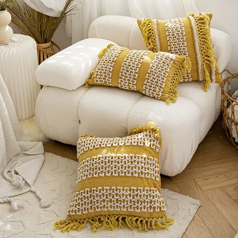 Funda de Cojín Amarilla Bohemio Tufted con Borlas Funda de Almohada Geométrica para Sofá Sala Dormitorio Decoración