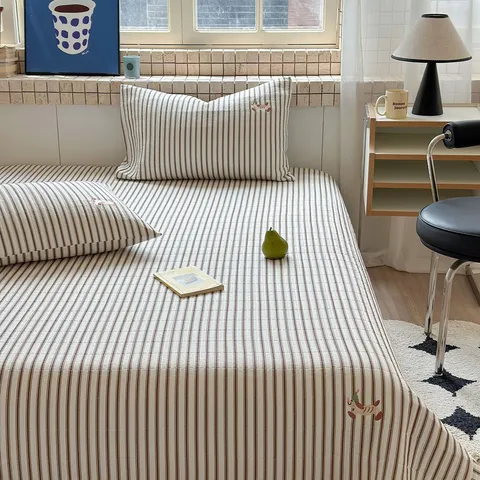 Estilo Coreano Puro Algodón Acolchado Juego Cubrecama Rayas Cuadros Colcha Con Fundas De Almohada Espesado Hogar Dormitorio Ropa De Cama
