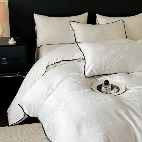 Ensemble de Literie en Coton de Luxe Luxe Léger Floral Jacquard Housse de Couette Drap de Lit Linge de Lit pour Chambre Principale