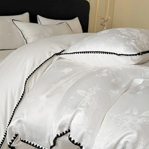Ensemble de Literie en Coton de Luxe Luxe Léger Floral Jacquard Housse de Couette Drap de Lit Linge de Lit pour Chambre Principale