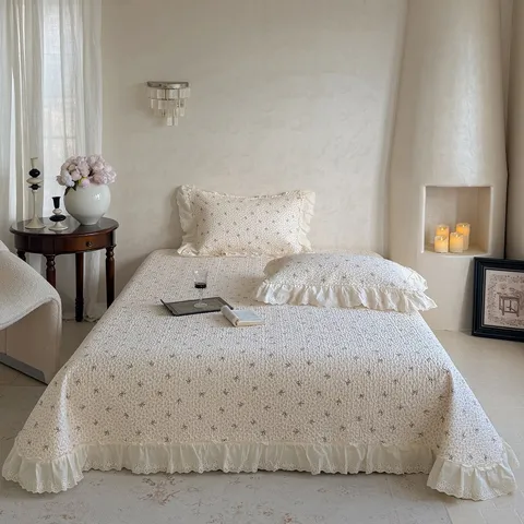 Dessus de Lit Matelassé en Coton Garniture en Dentelle Vintage Français Imprimé Floral Housse de Lit Literie Pour Maison