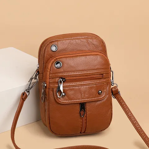 Borsa Tracolla Mini Donna Vintage Pelle PU Lavata Porta Cellulare Multi Tasca Cerniera Borsetta per Uso Quotidiano