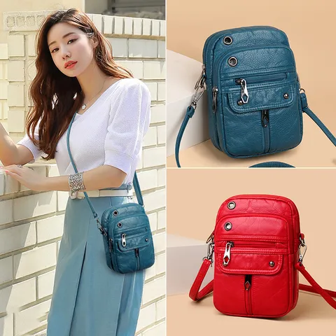 Borsa Tracolla Mini Donna Vintage Pelle PU Lavata Porta Cellulare Multi Tasca Cerniera Borsetta per Uso Quotidiano