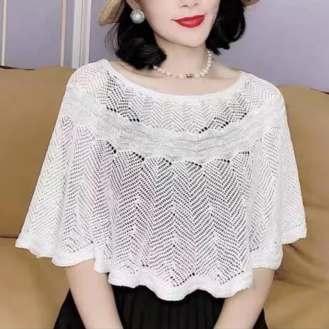 Women Ice Silk Hollow Out Knit Shawl Top Casual Pullover Short Length Capes For Summer Sun Protection Office Loose Cover Up