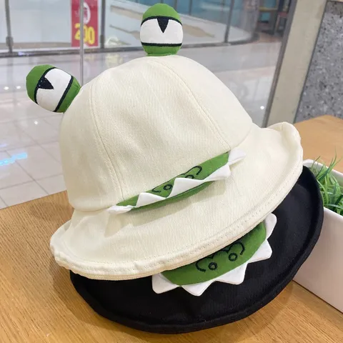 Cute Cartoon Frog Big Eyes Cotton Bucket Hat Wide Brim Sun Protection Fisherman Cap For Unisex Men Women Outdoor Travel