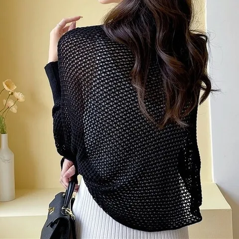 Women Ice Silk Knitted Hollow Shawl Summer Office Air Conditioned Room Sun Protection Casual Cardigan Sleeves Cover Up
