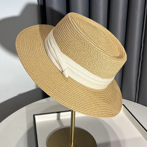 Women Summer Straw Hat British Retro Flat Top Sun Hat Beach Vacation Woven Sunhat With Ribbon
