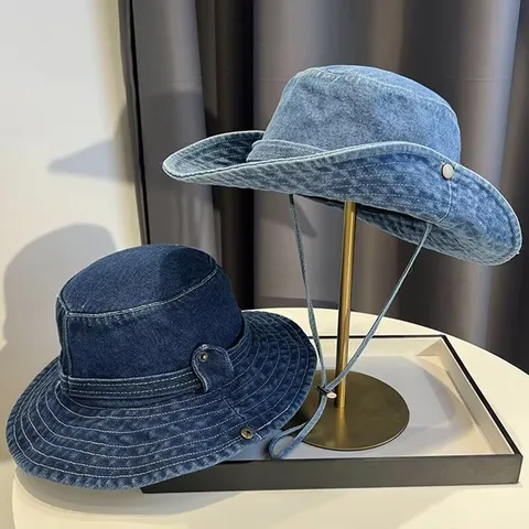 Retro Washed Denim Bucket Hat For Women Men Unisex Vintage Cowboy Outdoor Sun Protection Casual Wide Brim Basin Hat