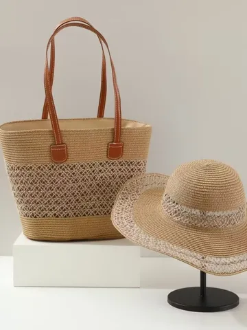 Bolso Tote Tejido de Paja y Sombrero de Sol Conjunto Gran Capacidad Vacaciones en la Playa Bolso de Hombro Casual Bolso de Viaje para Mujeres