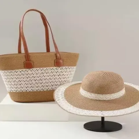 Bolso Tote Tejido de Paja y Sombrero de Sol Conjunto Gran Capacidad Vacaciones en la Playa Bolso de Hombro Casual Bolso de Viaje para Mujeres