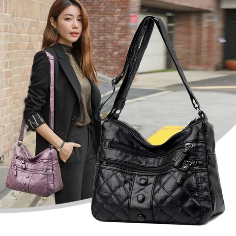 Borsa a Tracolla da Donna in Pelle PU Moda Retro Europeo Tinta Unita Borsa a Spalla Grande Capacità Tasche con Cerniera