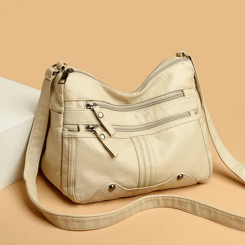 Sac Bandoulière Décontracté en Cuir PU pour Femmes Vintage Multi Fermeture Éclair Sac à Main Petite Carrée Sac Quotidien