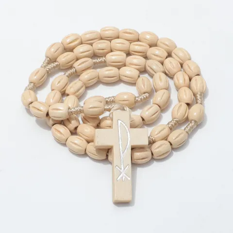 Natuurlijke Houten Kralen Rozenkrans Ketting Houten Kruis Hanger Vintage Religieuze Gebedsketen Sieraden Voor Man Vrouw