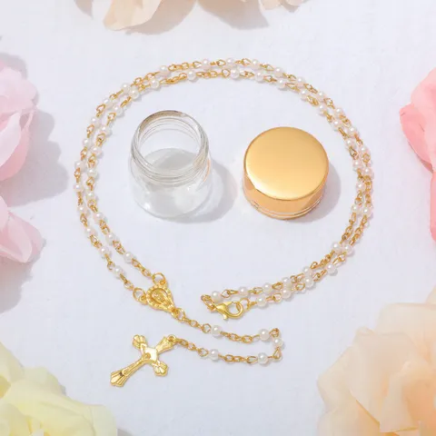Collana Rosario Religiosa con Perline Artificiali Ciondolo a Croce in Lega Bottiglia per Battesimo Preghiera Collana per Unisex Gioielli