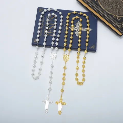 Collana Rosario Cattolico Vintage Pendente Croce Catena di Perline di Rosa in Plastica Gioielli di Moda Retro Per Unisex
