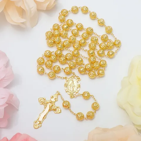 Vintage Vergulde Kralen Rozenkrans Ketting Met Kruis Hanger Katholiek Gebed Modesieraden Voor Heren En Dames