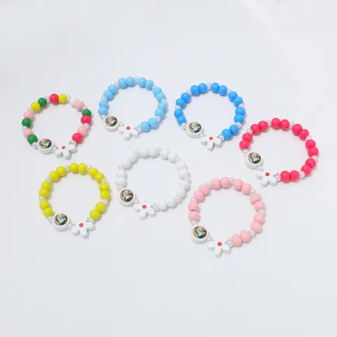 Kinder Kleurrijke Kralen Armband Verzilverd Bloemen Hanger Elastische Hand Sieraden Veelzijdige Kralen Armband