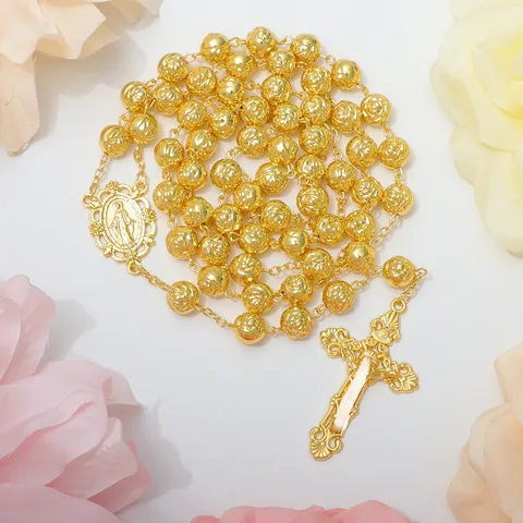 Vintage Vergulde Kralen Rozenkrans Ketting Met Kruis Hanger Katholiek Gebed Modesieraden Voor Heren En Dames