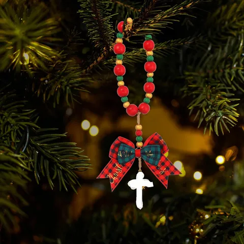 Handgemaakte Kerst Houten Kraal Kruis Rozenkrans Armband Rood Groen Ruit Strik Gebedskralen Ketting Voor Dames Heren Sieraden