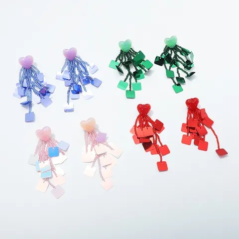 Koreaanse Stijl Glitter Hart Pailletten Hangende Oorbellen Handgeweven Synthetisch Kristal Kralen Bloem Kwastje Oorbellen 925 Zilveren Stift Sieraden Voor Dames